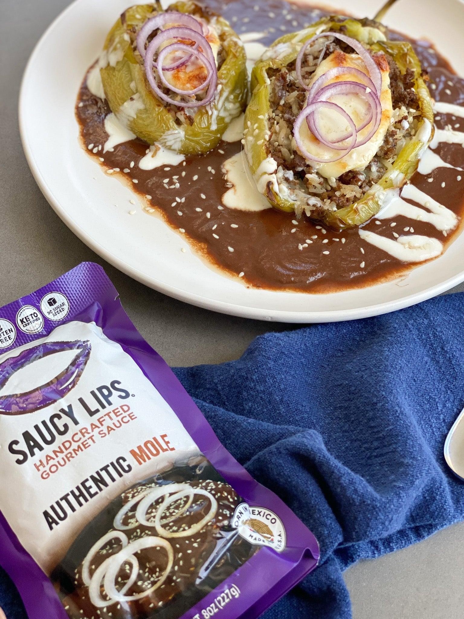 Baked Chiles Rellenos in Mole sauce - Saucy Lips Foods