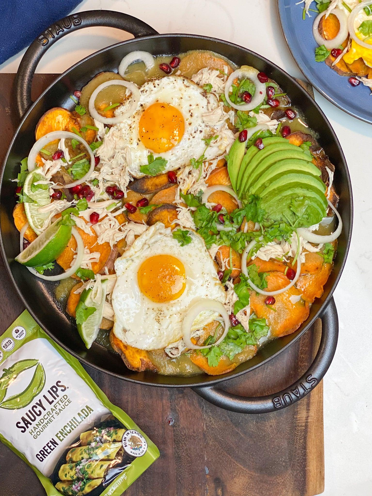 Chilaquiles with Sweet Potato chips - Saucy Lips Foods
