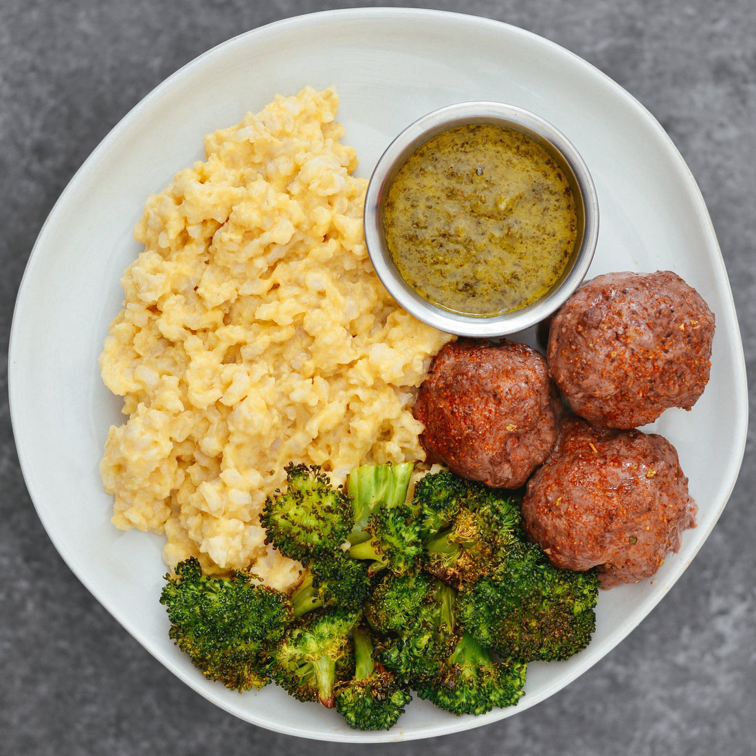 Grass Fed Meatballs & Cheesy Rice With Zesty Cilantro Dipping Sauce